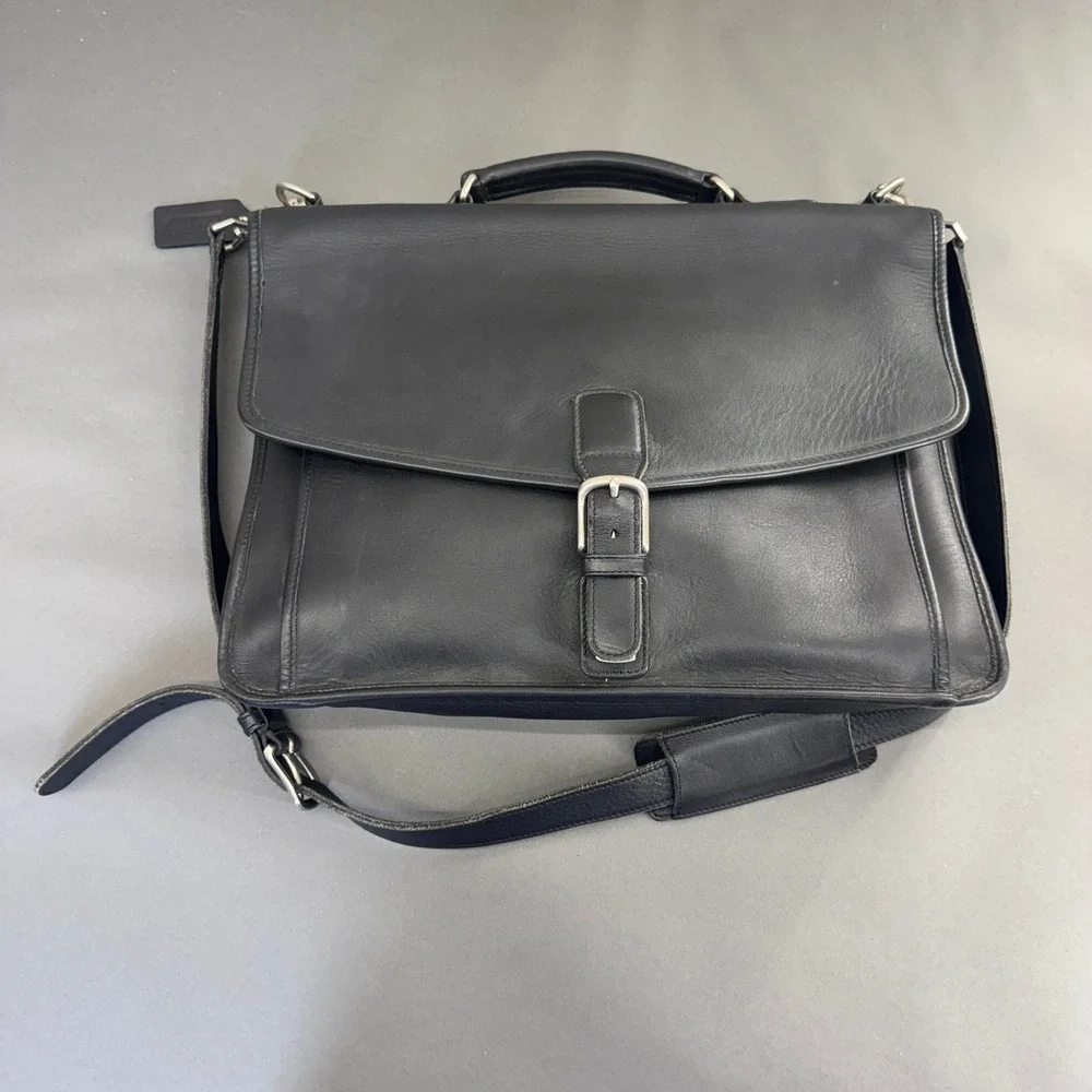 Vintage Coach Black Leather Briefcase Bag with Shoulder Strap & Key